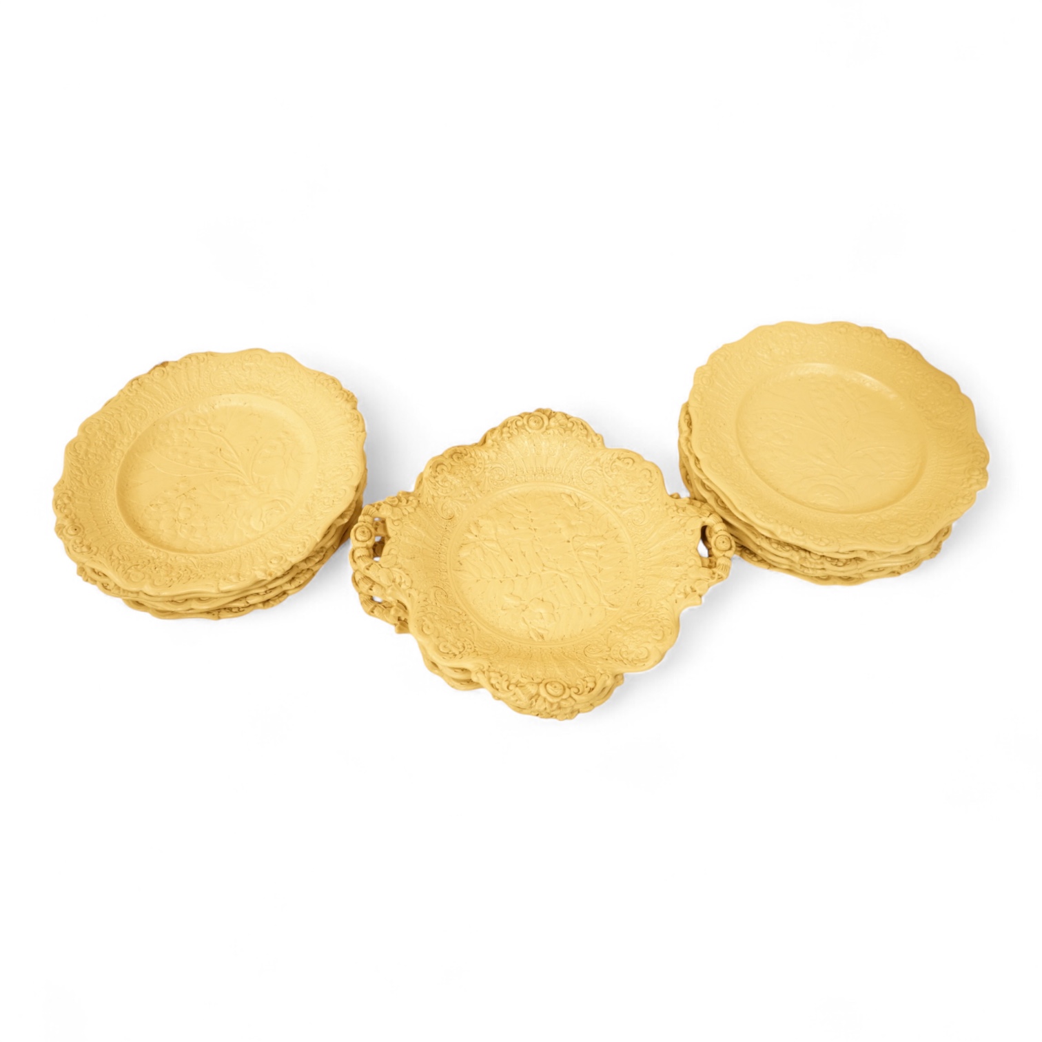 A Victorian drabware part dessert set, comprising eleven plates and three two handled dishes, dishes 25cm wide